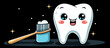 Illustration, a happy white tooth with a toothbrush in hand, a cartoon character on an unusual background.