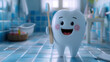 Illustration, a happy white tooth with a toothbrush in hand, a cartoon character on an unusual background.