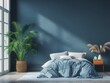 Home interior mock-up background blue bedroom with potted palm