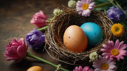  Easter Delight Nest with Colorful Easter Eggs Surrounded by Blooming Spring Flowers, Providing a Flat Lay Background with Space for Your Message