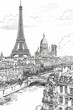Black and white illustration of Paris, featuring prominent landmarks such as the Eiffel Tower and Sacré-Cœur Basilica amid the city's urban landscape, with the Seine River.