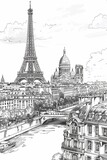 Fototapeta  - Black and white illustration of Paris, featuring prominent landmarks such as the Eiffel Tower and Sacré-Cœur Basilica amid the city's urban landscape, with the Seine River.