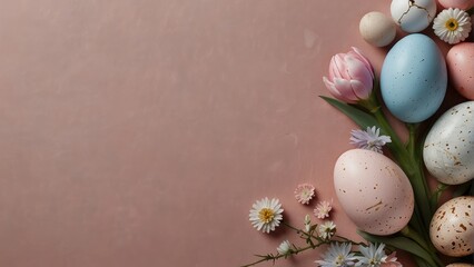  Greetings of the Season Stylish Easter Eggs and Spring Flowers Bordering Pink Paper in a Flat Lay Arrangement, Providing Space for Your Message. Modern Natural Dyed Blue and Marble Easter Eggs Add a C