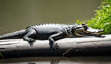 An Alligator Resting On A Log Blending Into Its S