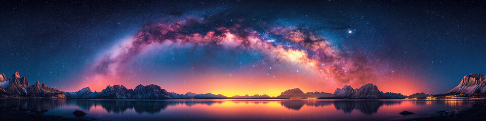 Wall Mural - landscape panorama with milky way in night starry sky against colorful bright background of mountain