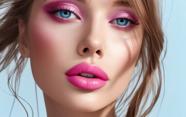 A woman with pink lipstick and blue eyeshadow. She has a very pretty and attractive face