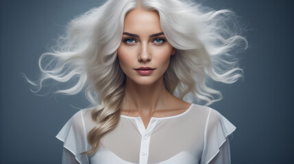 Sticker - A woman with long blonde hair and blue eyes is standing in front of a blue background. She is wearing a white shirt and has her hair blowing in the wind. Concept of freedom and movement