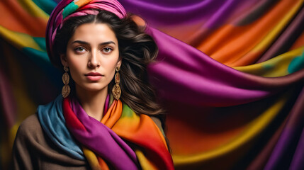 Poster - A woman wearing a colorful scarf and earrings stands in front of a colorful curtain. Concept of vibrancy and energy, with the woman's colorful scarf and earrings adding to the overall colorful