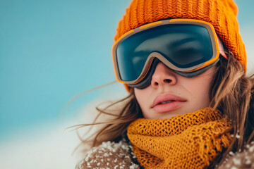 Poster - Woman with large orange scarf covering her face and pair of goggles on top of her head.