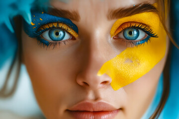 Sticker - Woman with blue eyes and yellow and blue paint on her face.