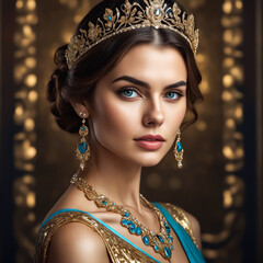 Poster - A woman wearing a blue and gold tiara and necklace. She has blue eyes and a smile