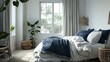 A modern bedroom with a coastal d?(C)cor and navy blue pillows. bed by the window