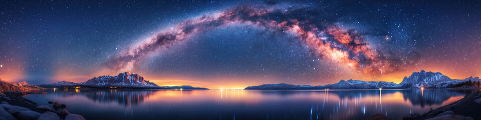 Wall Mural - landscape panorama with milky way in night starry sky against colorful background of mountains and l