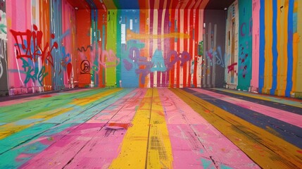 Vibrant vertical stipes of paint and graffiti on a wall and floor. Empty room with colorful streaks of paint and graffiti in retro vintage style.	
