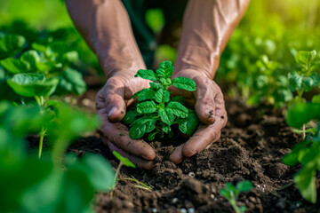 Man is holding green plant in his right hand and planting it in the dirt with his left hand.