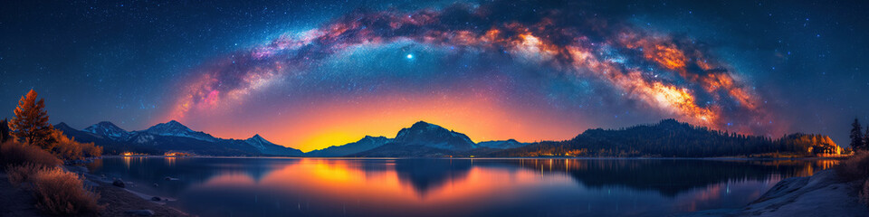 Wall Mural - panorama with milky way in night starry sky against colorful bright background of mountains and lake