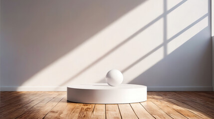 Canvas Print - White sphere is sitting on white pedestal in room with wooden floors and windows along the wall.