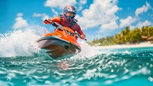 A Man Skillfully Navigates A Jet Ski Across The Water, Creating Splashes And Waves As He Maneuvers Through The Open Expanse