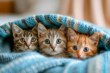 Poster - Three kittens peeking out from under blue blanket.