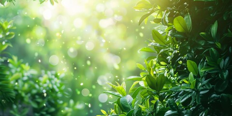 Wall Mural - A lush green forest with sunlight shining through the leaves