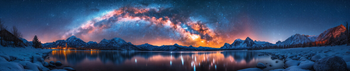 Wall Mural - landscape winter panorama with milky way in night starry sky against bright background of lake and snowy mountains