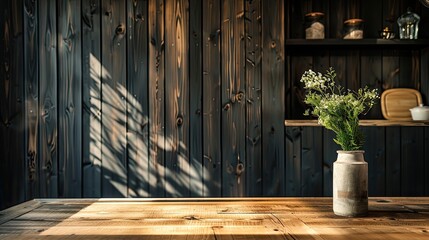 Wall Mural - Wooden table and wall. Generative AI