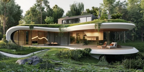 Poster - A house with a large glass window and a green roof