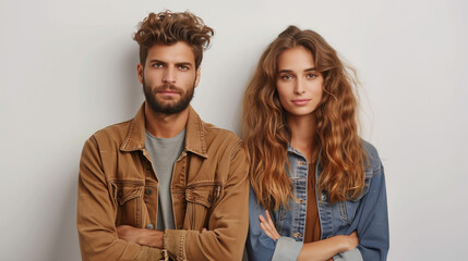 Wall Mural - Young couple standing in front of white background, smiling, casual clothing, fashion, beauty