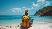 Nomad an sitting on beach with laptop, journey, sand, recreational pursuit