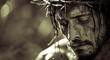 Jesus Christ our Savior with crown of thorns on his head tortured and humiliated to save you, Generative AI