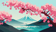 Japanese garden with cherry blossoms  and mountains