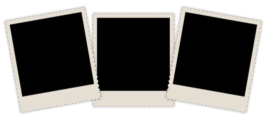 Three old ornate photo frame with shadows. Retro photos with carved edges. Vector polaroid collection.