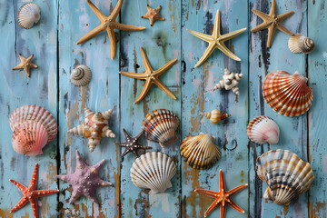 Wall Mural - Seashells and starfish on a blue vintage wooden table. Frame template for advertising vacations, travel packages, summer sales with space for text
