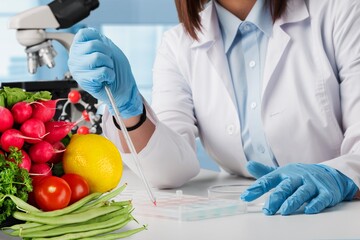 Wall Mural - Female scientist work with microscope in laboratory