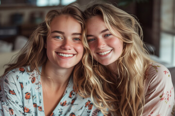 two beautiful lady wearing pyjamas smiling towards the camera