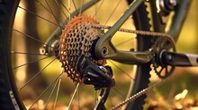 Shifting gears on rear transmission of bicycle. Bicycle gear drivetrain and cassette, close up.