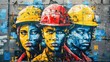 Colorful mural of construction workers wearing hard hats painted on a wall with a distressed red and white background,Labor day concept 