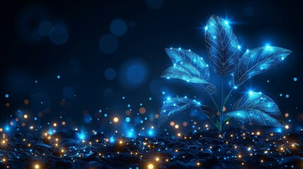 Wall Mural - Isolated modern illustration of a growing plant in soil with a drop of water in its stem. Low poly style design. Blue geometric background. Wireframe light connection structure. Modern 3D graphic