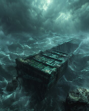 Ancient Shipwreck, Treasure Chest, Murky Depths, Stormy Weather, 3D Render, Dramatic Backlighting, HDR