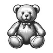 classic teddy bear toy with a bow tie in engraving style sketch engraving generative ai fictional character raster illustration. Scratch board imitation. Black and white image.