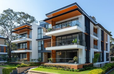 Fototapete - Modern apartment building exterior with glass balconies an large windows with decorative elements.