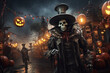 Mysterious Figure in a Top Hat Celebrating Halloween in a Decorated Pumpkin-Lit Street