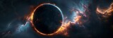 Fototapeta  - This dramatic and captivating image depicts an apocalyptic cosmic event,showcasing a celestial eclipse with a fiery,explosive reaction within a turbulent stellar atmosphere The intense,glowing energy