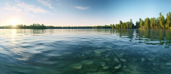 Large panorama of green lake, blue caste at dawn, sunlight shadows on the water