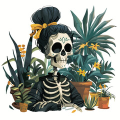 Poster - Skull Woman with Plants Cartoon Illustration