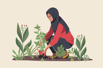 Poster - Hijab Girl Gardening in Flat Design Style