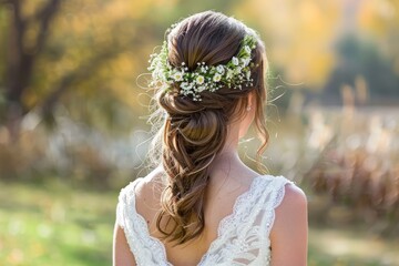 Back View of a Young Bride with a Floral Hairpiece in Nature, Sunlit Romantic Wedding Hairstyle