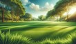 Blurred trees surround a vibrant green lawn under a clear sky, evoking peace and spring's freshness.
