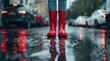 A woman in red rain boots standing in a puddle.