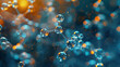 A close-up 3D rendering of a molecule structure surrounded by spherical particles and bokeh lights against a gradient blue background